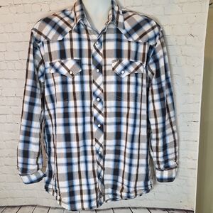 Rafter C Cowboy Collection Blue Plaid Pearl Snap Western Shirt Mens L